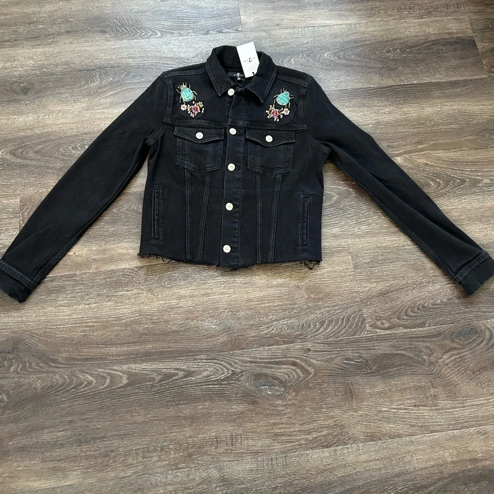 7 For All Mankind Cropped Embellished Black Jean Jacket - Picture 1 of 4
